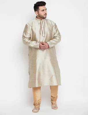 Men's beige silk blend kurta 5