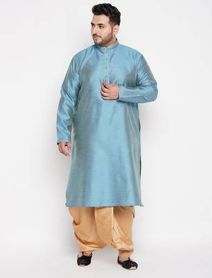 Men's aqua blue & rose gold silk blend kurta and dhoti set 1