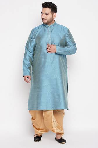 Men's aqua blue & rose gold silk blend kurta and dhoti set