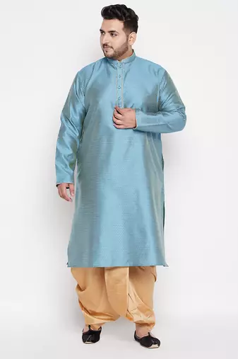 Men's aqua blue & rose gold silk blend kurta and dhoti set