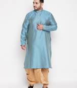 Men's aqua blue & rose gold silk blend kurta and dhoti set