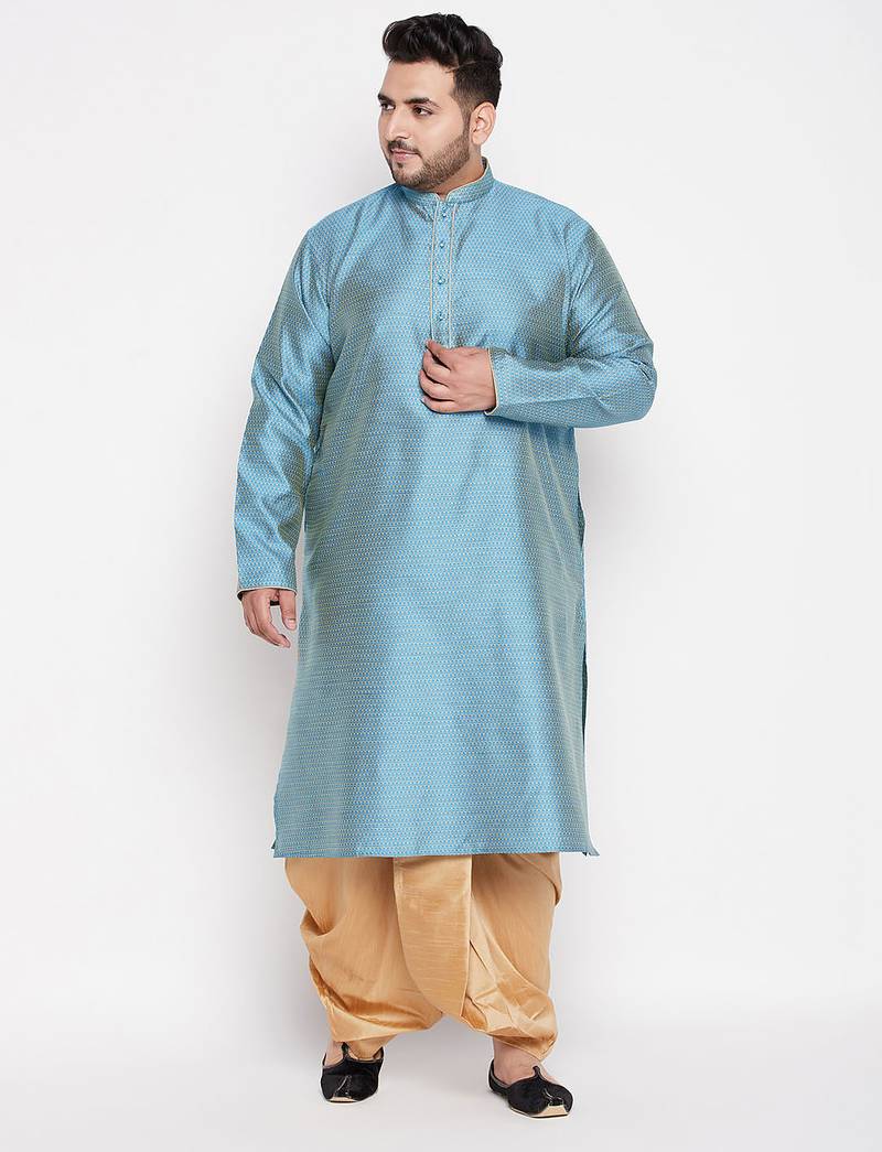 Men's aqua blue & rose gold silk blend kurta and dhoti set