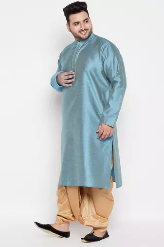 Men's aqua blue & rose gold silk blend kurta and dhoti set