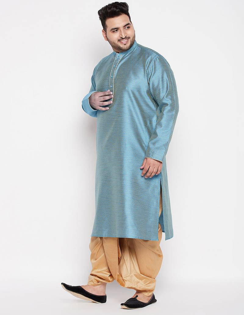 Men's aqua blue & rose gold silk blend kurta and dhoti set