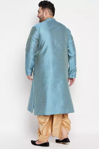 Men's aqua blue & rose gold silk blend kurta and dhoti set