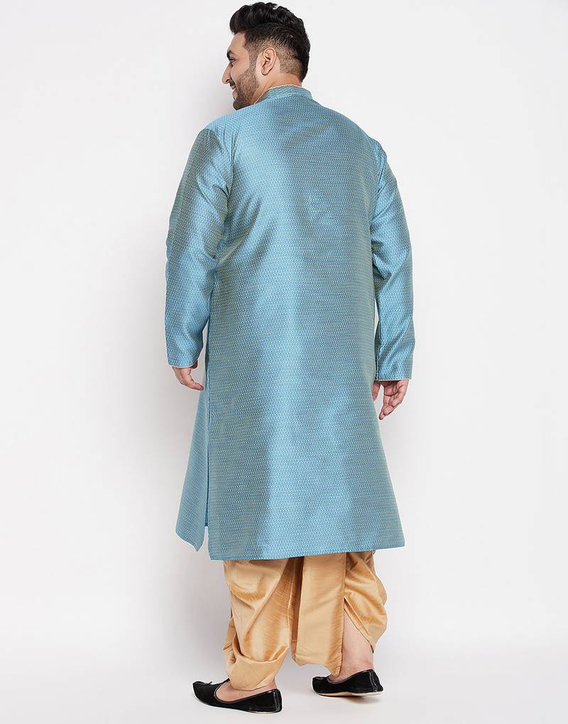 Men's aqua blue & rose gold silk blend kurta and dhoti set
