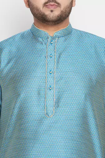 Men's aqua blue & rose gold silk blend kurta and dhoti set