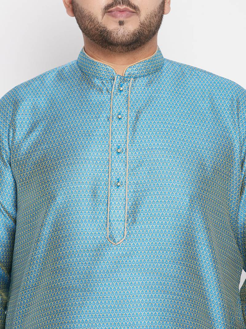 Men's aqua blue & rose gold silk blend kurta and dhoti set