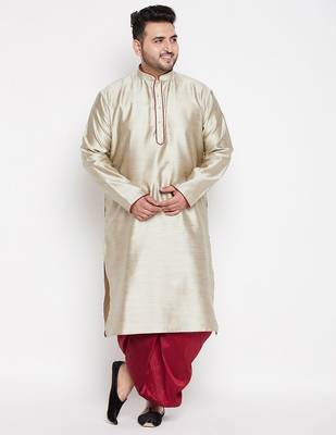Men's beige & maroon silk blend kurta and dhoti set 1
