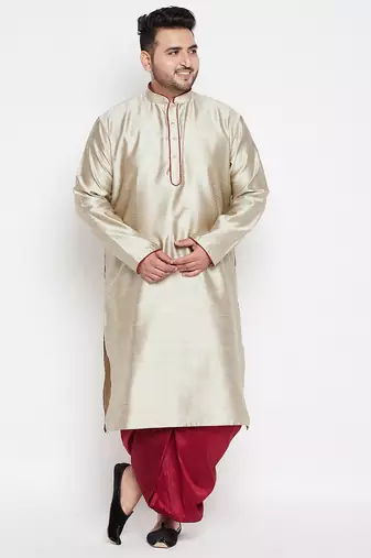 Men's beige & maroon silk blend kurta and dhoti set