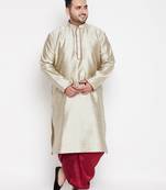 Men's beige & maroon silk blend kurta and dhoti set