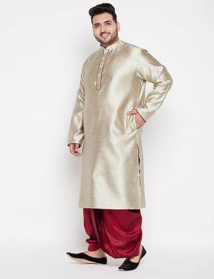 Men's beige & maroon silk blend kurta and dhoti set 2