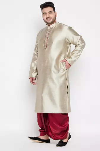 Men's beige & maroon silk blend kurta and dhoti set