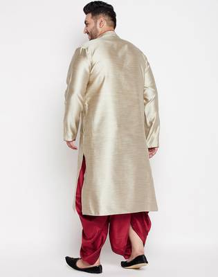 Men's beige & maroon silk blend kurta and dhoti set 3