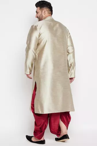 Men's beige & maroon silk blend kurta and dhoti set