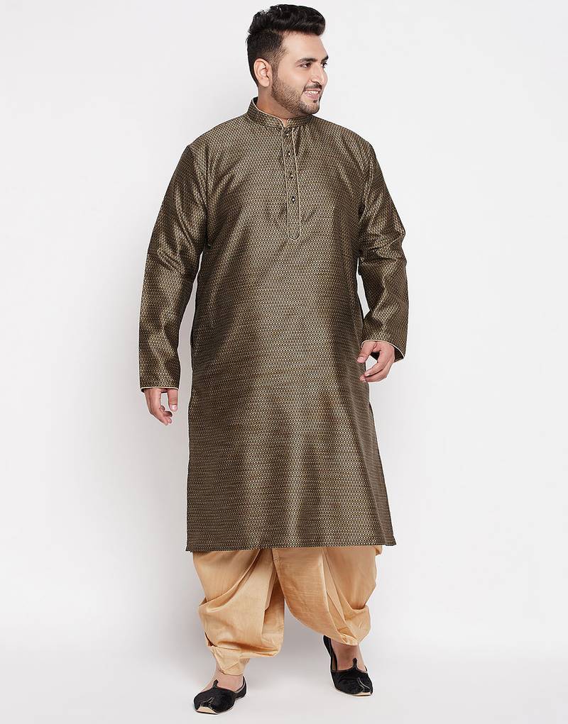 Men's black & rose gold silk blend kurta and dhoti set