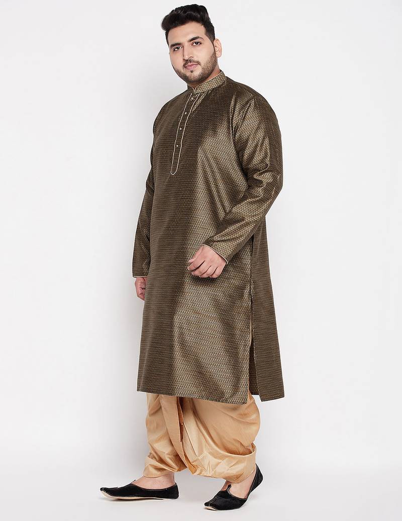 Men's black & rose gold silk blend kurta and dhoti set