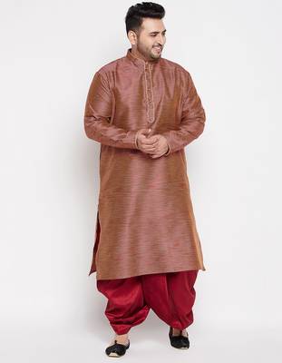 Men's maroon silk blend kurta and dhoti set 1