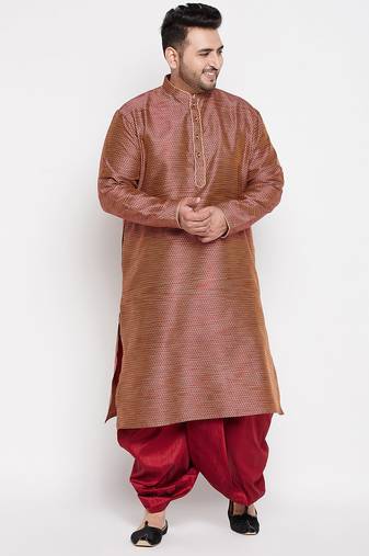 Men's maroon silk blend kurta and dhoti set