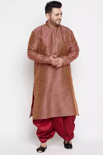 Men's maroon silk blend kurta and dhoti set