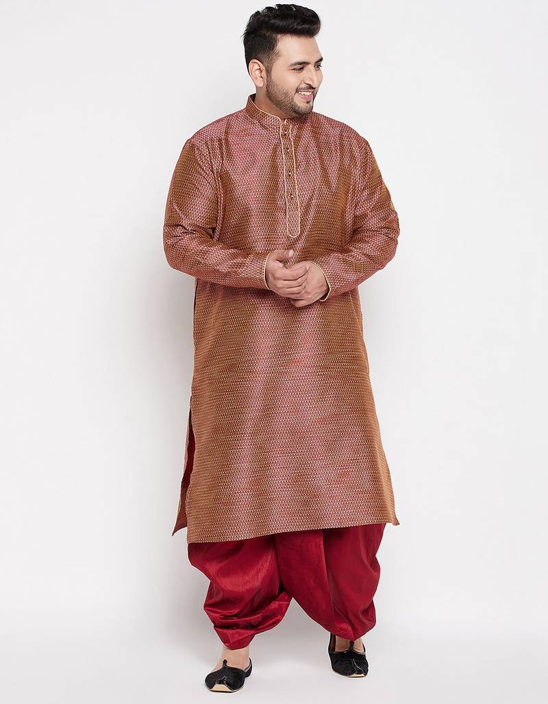 Men's maroon silk blend kurta and dhoti set
