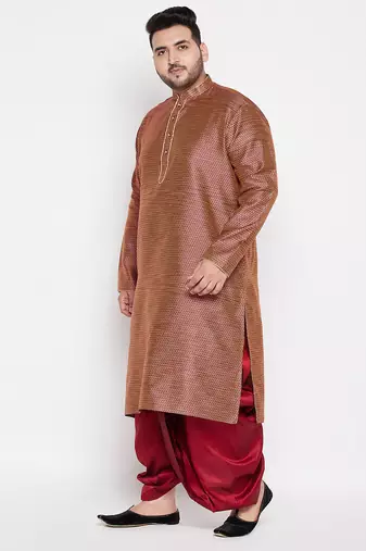 Men's maroon silk blend kurta and dhoti set
