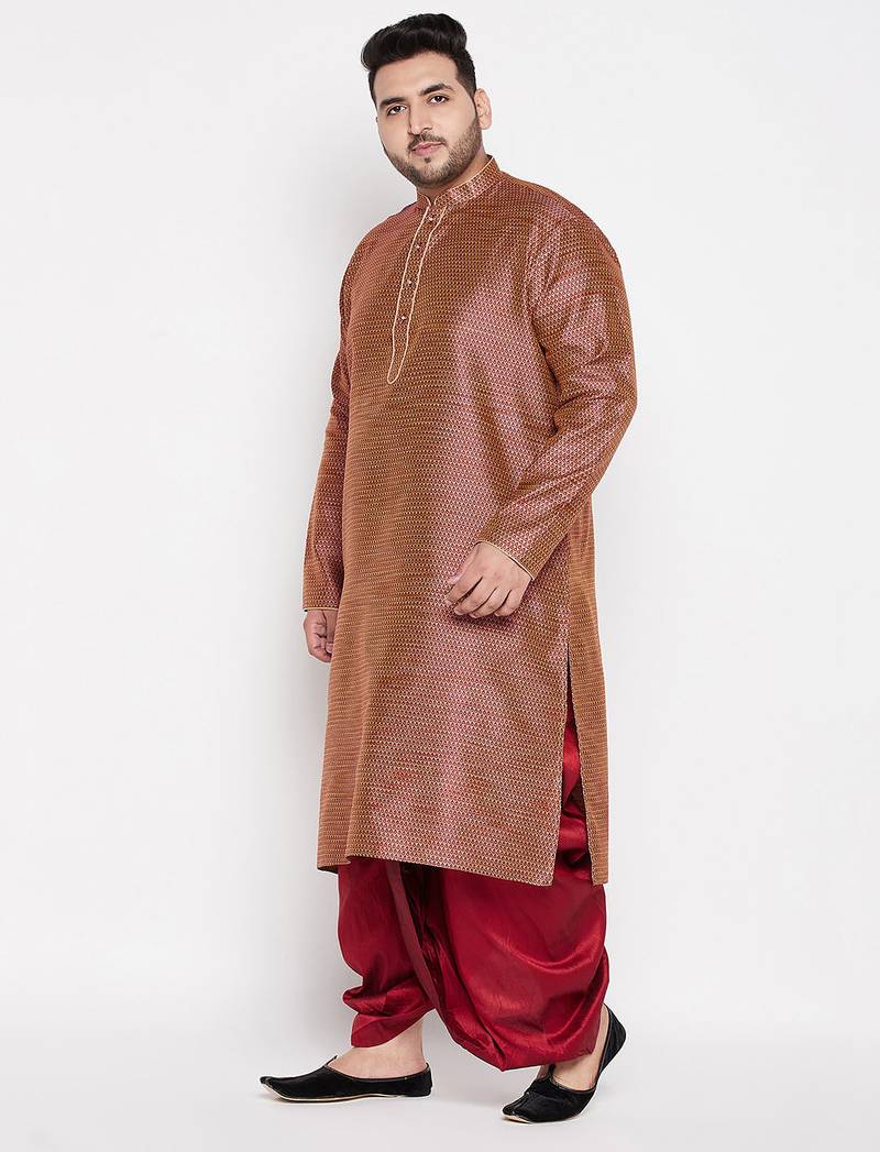 Men's maroon silk blend kurta and dhoti set