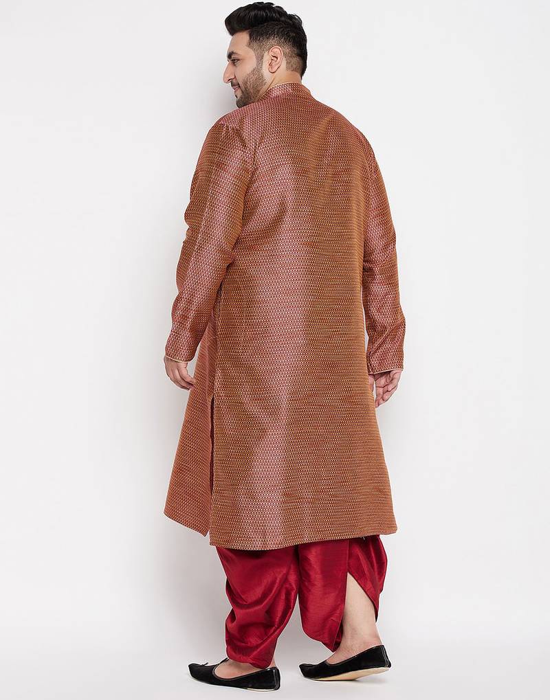 Men's maroon silk blend kurta and dhoti set