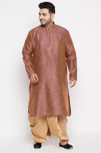 Men's maroon & rose gold silk blend kurta and dhoti set