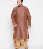 Men's maroon & rose gold silk blend kurta and dhoti set