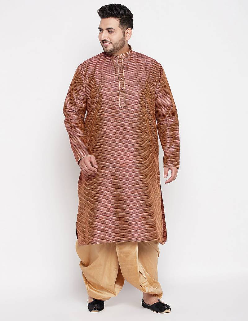 Men's maroon & rose gold silk blend kurta and dhoti set