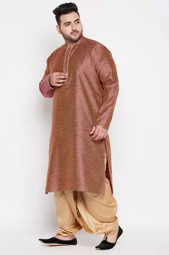 Men's maroon & rose gold silk blend kurta and dhoti set