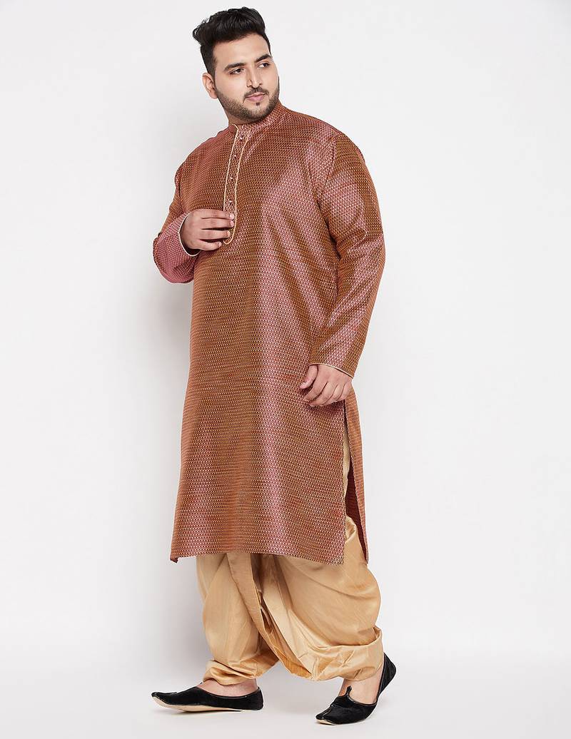Men's maroon & rose gold silk blend kurta and dhoti set