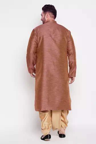 Men's maroon & rose gold silk blend kurta and dhoti set