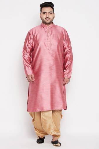 Men's pink & rose gold silk blend kurta and dhoti set