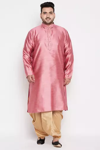 Men's pink & rose gold silk blend kurta and dhoti set