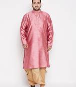 Men's pink & rose gold silk blend kurta and dhoti set