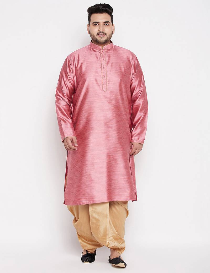 Men's pink & rose gold silk blend kurta and dhoti set