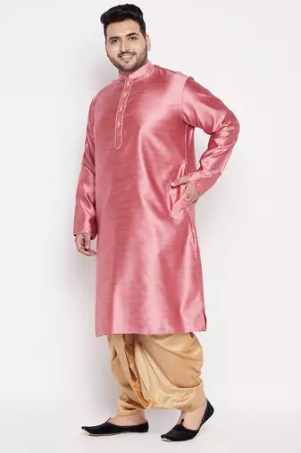 Men's pink & rose gold silk blend kurta and dhoti set