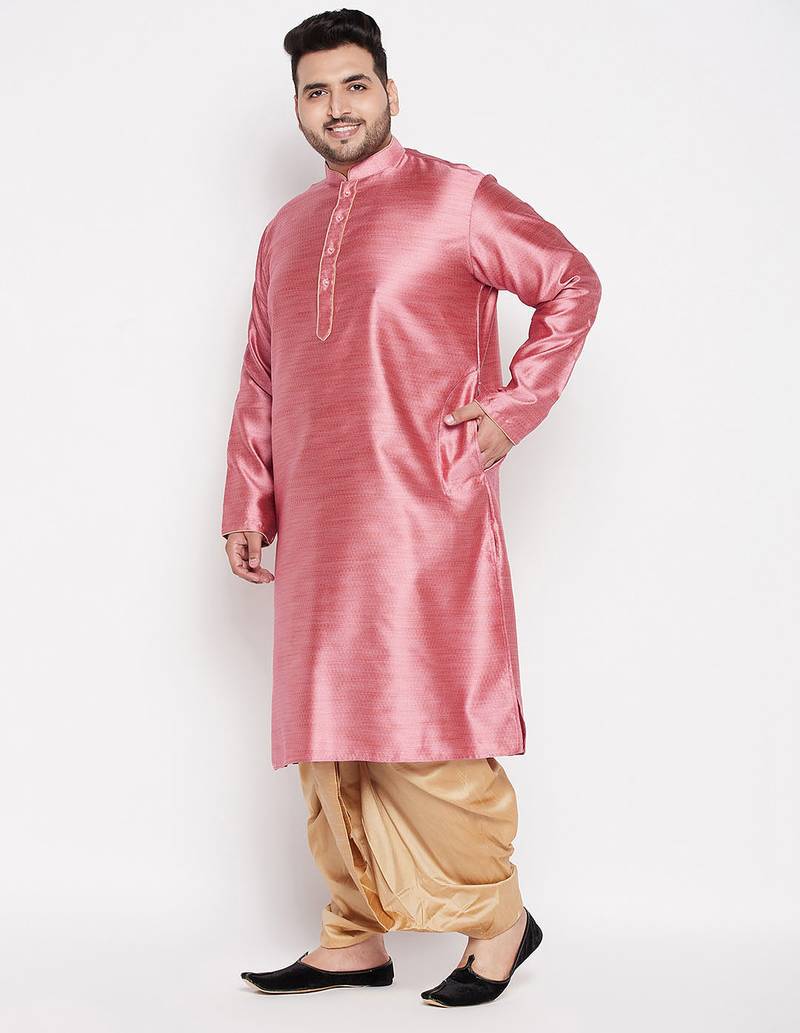 Men's pink & rose gold silk blend kurta and dhoti set