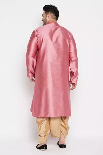 Men's pink & rose gold silk blend kurta and dhoti set
