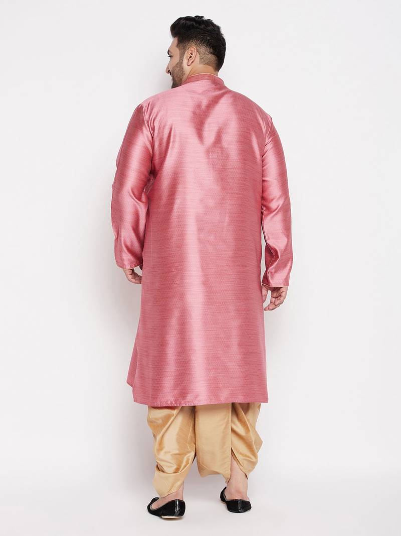 Men's pink & rose gold silk blend kurta and dhoti set