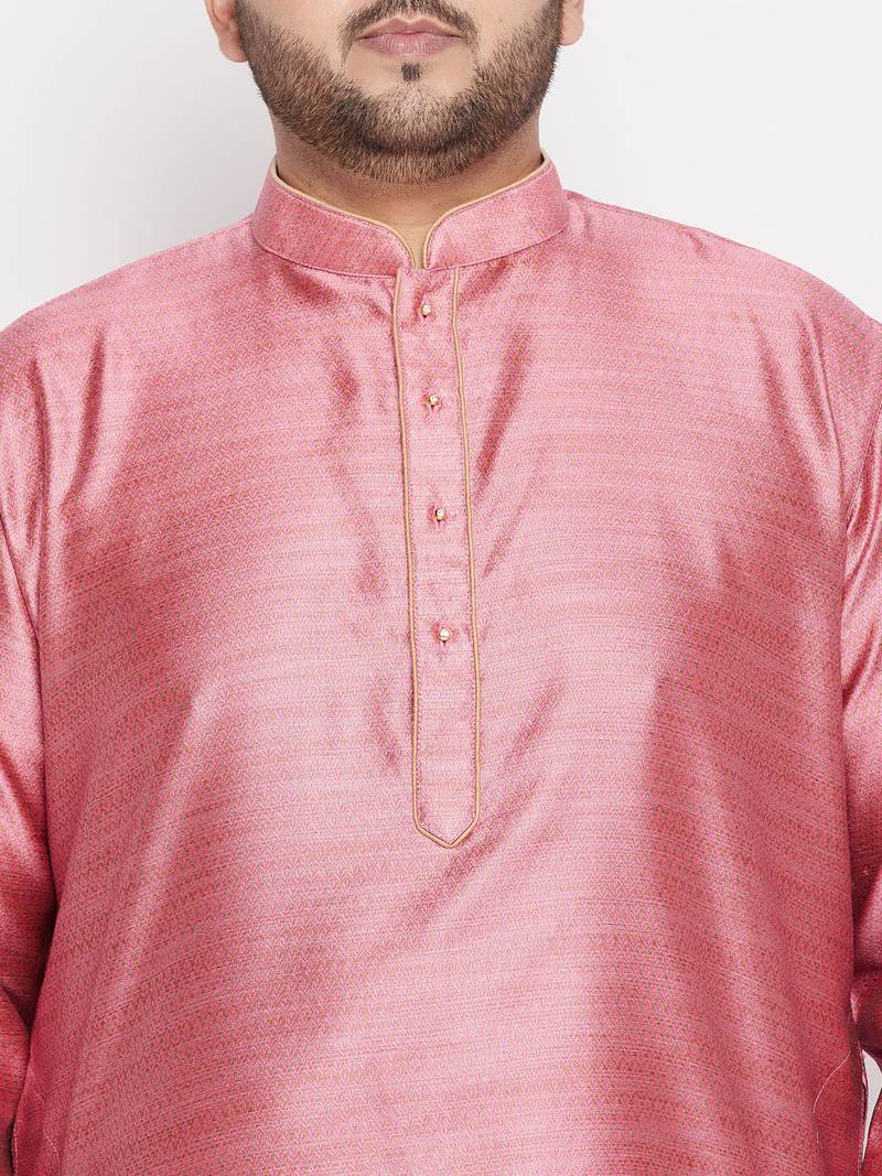 Men's pink & rose gold silk blend kurta and dhoti set