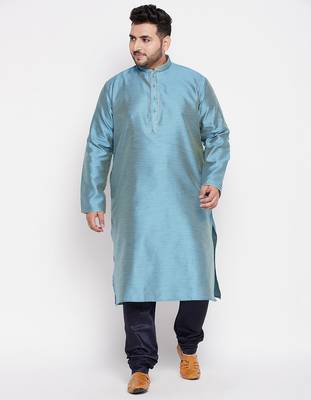 Men's aqua blue and blue silk blend kurta pyjama set 1