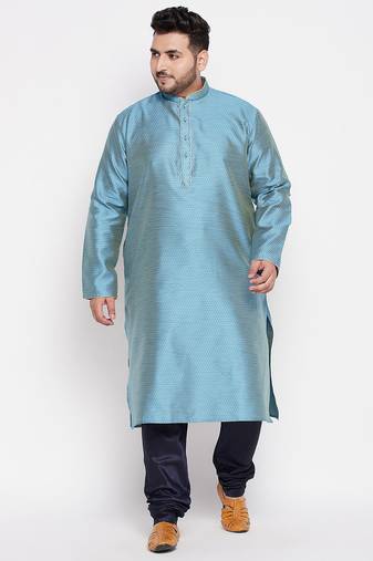 Men's aqua blue and blue silk blend kurta pyjama set