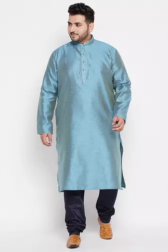 Men's aqua blue and blue silk blend kurta pyjama set