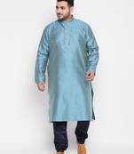 Men's aqua blue and blue silk blend kurta pyjama set
