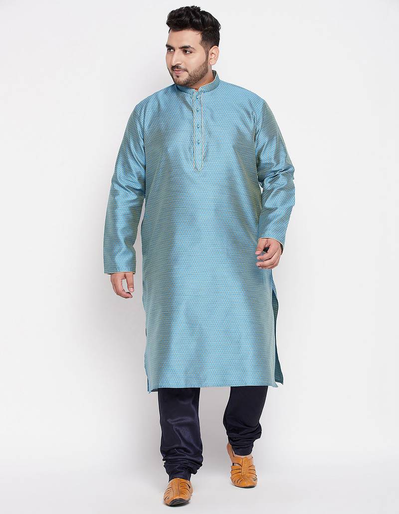 Men's aqua blue and blue silk blend kurta pyjama set