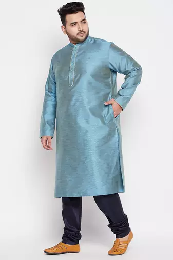 Men's aqua blue and blue silk blend kurta pyjama set