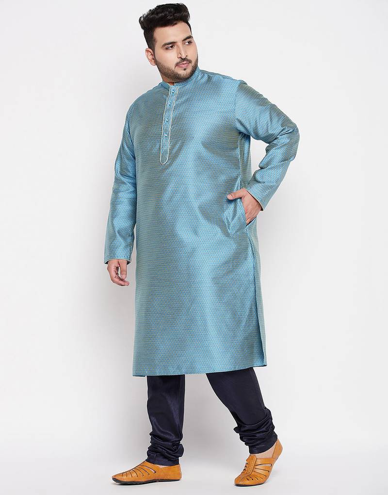 Men's aqua blue and blue silk blend kurta pyjama set